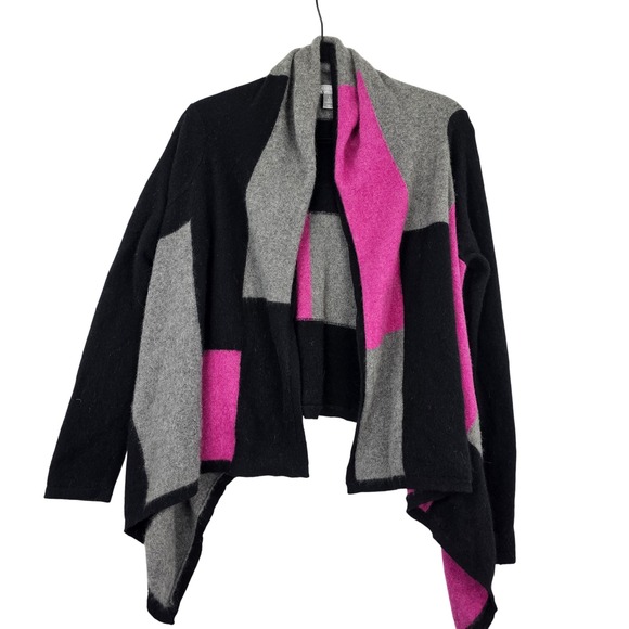 Charter Club Cashmere Cardigan Open Front Colorblock Drape Pink Gray Black Large - Picture 1 of 7